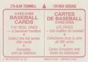 1987 O-Pee-Chee Stickers #109 / 270 Rich Gossage / Alan Trammell Back