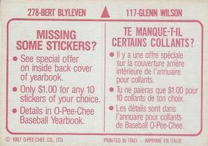 1987 O-Pee-Chee Stickers #117 / 278 Glenn Wilson / Bert Blyleven Back
