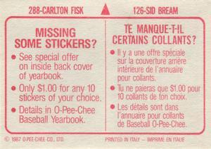 1987 O-Pee-Chee Stickers #126 / 288 Sid Bream / Carlton Fisk Back