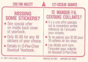 1987 O-Pee-Chee Stickers #127 / 289 Cecilio Guante / Tim Hulett Back
