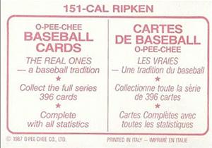 1987 O-Pee-Chee Stickers #151 Cal Ripken Back