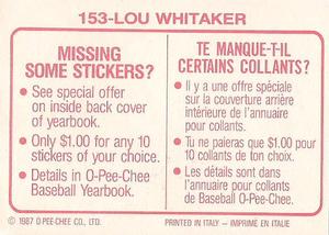 1987 O-Pee-Chee Stickers #153 Lou Whitaker Back