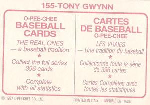 1987 O-Pee-Chee Stickers #155 Tony Gwynn Back