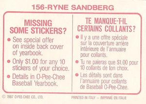 1987 O-Pee-Chee Stickers #156 Ryne Sandberg Back