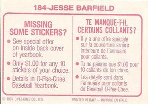 1987 O-Pee-Chee Stickers #184 Jesse Barfield Back