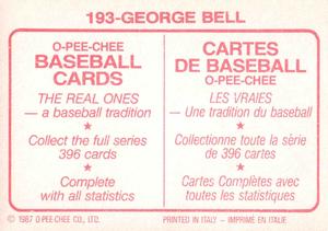 1987 O-Pee-Chee Stickers #193 George Bell Back