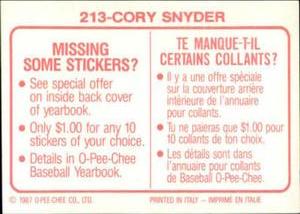 1987 O-Pee-Chee Stickers #213 Cory Snyder Back