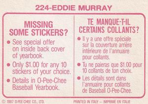 1987 O-Pee-Chee Stickers #224 Eddie Murray Back