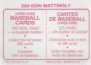 1987 O-Pee-Chee Stickers #294 Don Mattingly Back