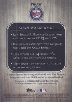 2014 Bowman Inception #PA-AW Adam Walker Back