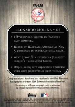 2014 Bowman Inception #PA-LM Leonardo Molina Back