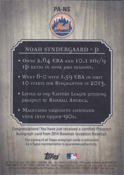 2014 Bowman Inception #PA-NS Noah Syndergaard Back