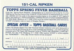 1987 Topps Stickers #151 Cal Ripken Back