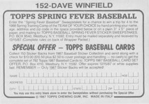 1987 Topps Stickers #152 Dave Winfield Back