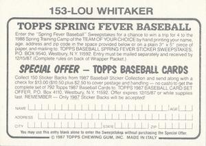 1987 Topps Stickers #153 Lou Whitaker Back