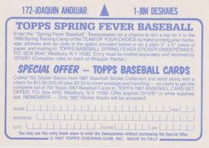 1987 Topps Stickers #1 / 172 Jim Deshaies / Joaquin Andujar Back