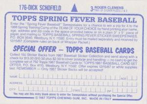 1987 Topps Stickers #3 / 176 Roger Clemens / Dick Schofield Back