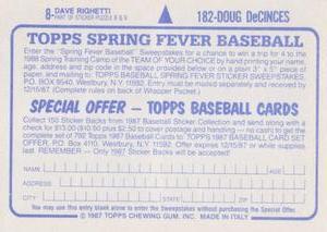 1987 Topps Stickers #8 / 182 Dave Righetti / Doug DeCinces Back