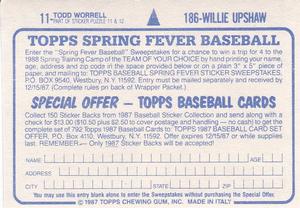 1987 Topps Stickers #11 / 186 Todd Worrell / Willie Upshaw Back