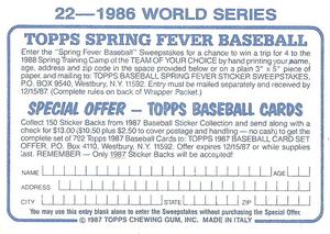 1987 Topps Stickers #22 1986 World Series Back