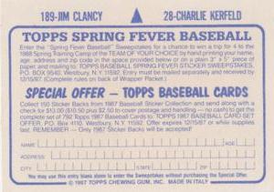 1987 Topps Stickers #28 / 189 Charlie Kerfeld / Jim Clancy Back