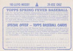 1987 Topps Stickers #29 / 190 Jose Cruz / Lloyd Moseby Back