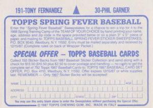 1987 Topps Stickers #30 / 191 Phil Garner / Tony Fernandez Back