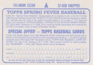 1987 Topps Stickers #32 / 195 Bob Knepper / Mark Clear Back