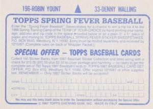 1987 Topps Stickers #33 / 196 Denny Walling / Robin Yount Back