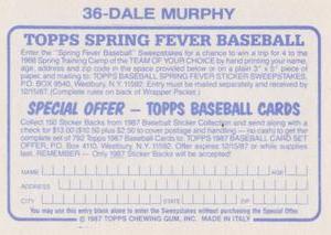 1987 Topps Stickers #36 Dale Murphy Back