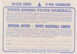 1987 Topps Stickers #37 / 198 Paul Assenmacher / Cecil Cooper Back
