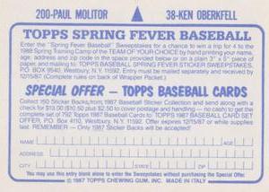 1987 Topps Stickers #38 / 200 Ken Oberkfell / Paul Molitor Back