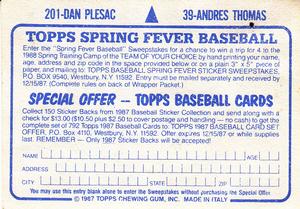 1987 Topps Stickers #39 / 201 Andres Thomas / Dan Plesac Back