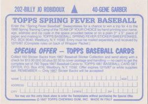1987 Topps Stickers #40 / 202 Gene Garber / Billy Jo Robidoux Back