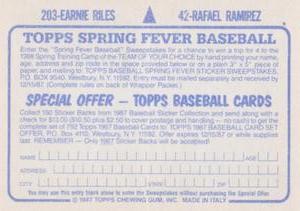 1987 Topps Stickers #42 / 203 Rafael Ramirez / Earnie Riles Back