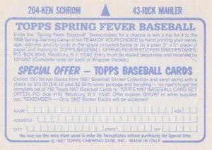 1987 Topps Stickers #43 / 204 Rick Mahler / Ken Schrom Back