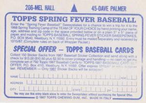 1987 Topps Stickers #45 / 206 David Palmer / Mel Hall Back
