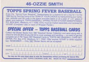 1987 Topps Stickers #46 Ozzie Smith Back