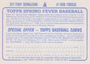 1987 Topps Stickers #47 / 207 Bob Forsch / Tony Bernazard Back