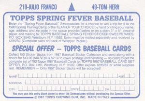 1987 Topps Stickers #49 / 210 Tom Herr / Julio Franco Back