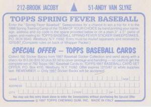 1987 Topps Stickers #51 / 212 Andy Van Slyke / Brook Jacoby Back