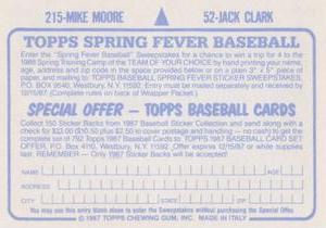 1987 Topps Stickers #52 / 215 Jack Clark / Mike Moore Back
