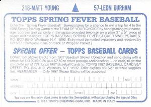 1987 Topps Stickers #57 / 218 Leon Durham / Matt Young Back