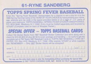 1987 Topps Stickers #61 Ryne Sandberg Back