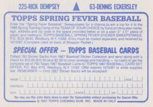 1987 Topps Stickers #63 / 225 Dennis Eckersley / Rick Dempsey Back