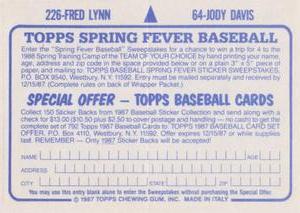 1987 Topps Stickers #64 / 226 Jody Davis / Fred Lynn Back