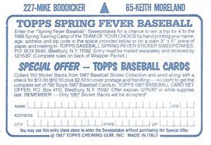1987 Topps Stickers #65 / 227 Keith Moreland / Mike Boddicker Back