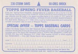 1987 Topps Stickers #68 / 230 Greg Brock / Storm Davis Back