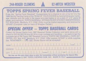 1987 Topps Stickers #82 / 244 Mitch Webster / Roger Clemens Back