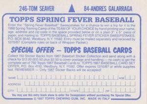 1987 Topps Stickers #84 / 246 Andres Galarraga / Tom Seaver Back